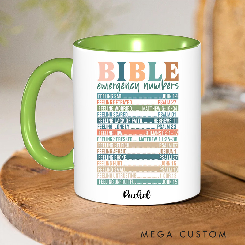 Personalized Multicolor Bible Emergency Numbers Ceramic Inner Color Mug with Name Religious Gift Birthday Gift for Women