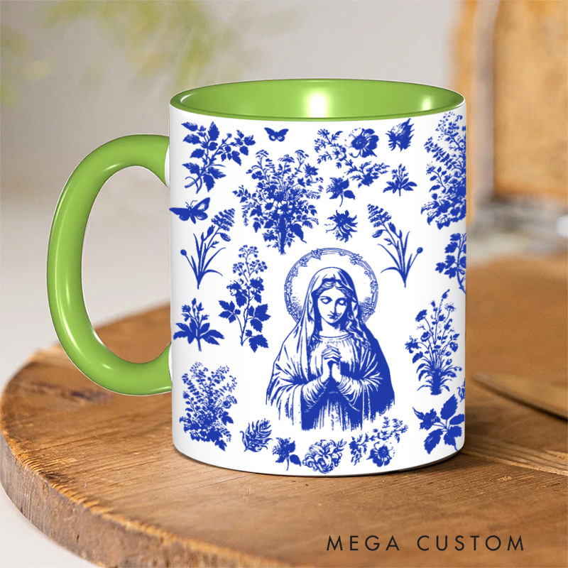 Personalized Catholic Virgin Mary Toile De Jouy 11oz Ceramic Mug with Name Our Lady Coffee Cup Vintage Floral Marian Mug Christian Gift for Women