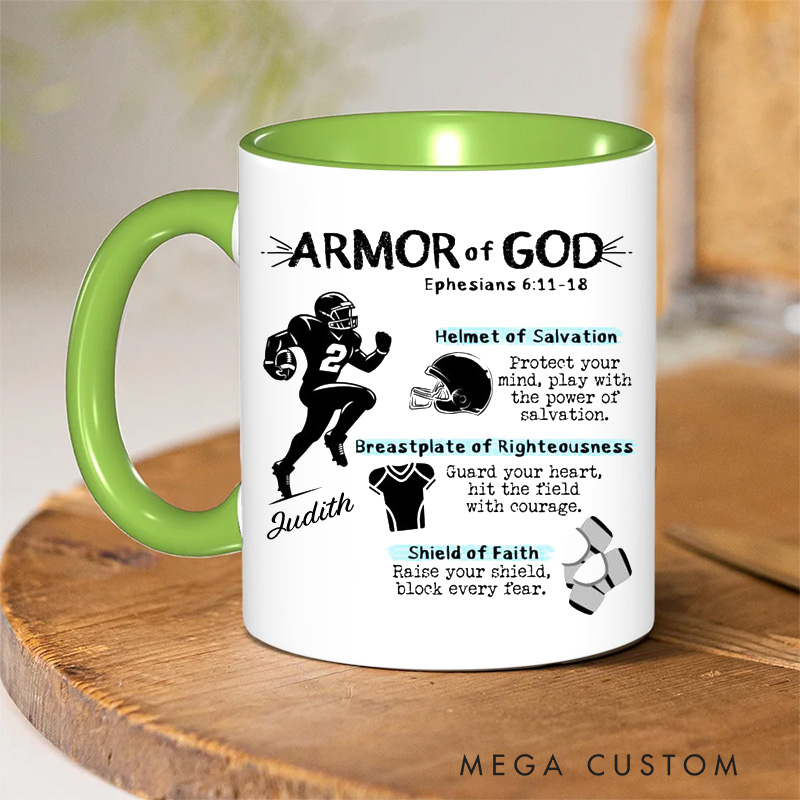 Personalized Armor of God for Football Ceramic Mug with Name Religious Inspirational Gift for Christians