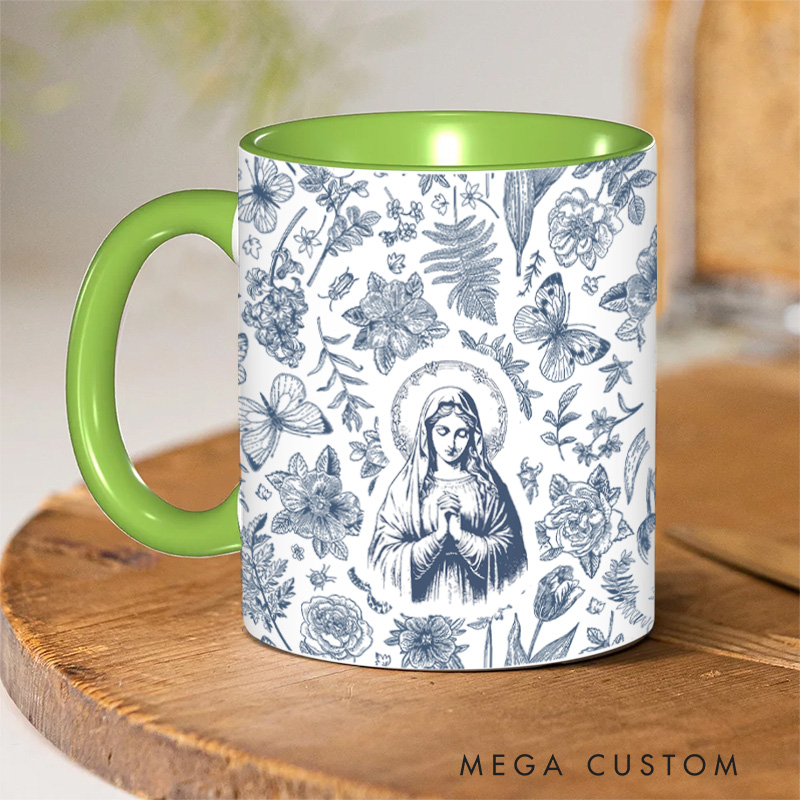 Personalized Catholic Virgin Mary Vintage Floral 11oz Ceramic Mug with Name Our Lady Coffee Cup Catholic Mug Marian Mug Christian Gift for Women
