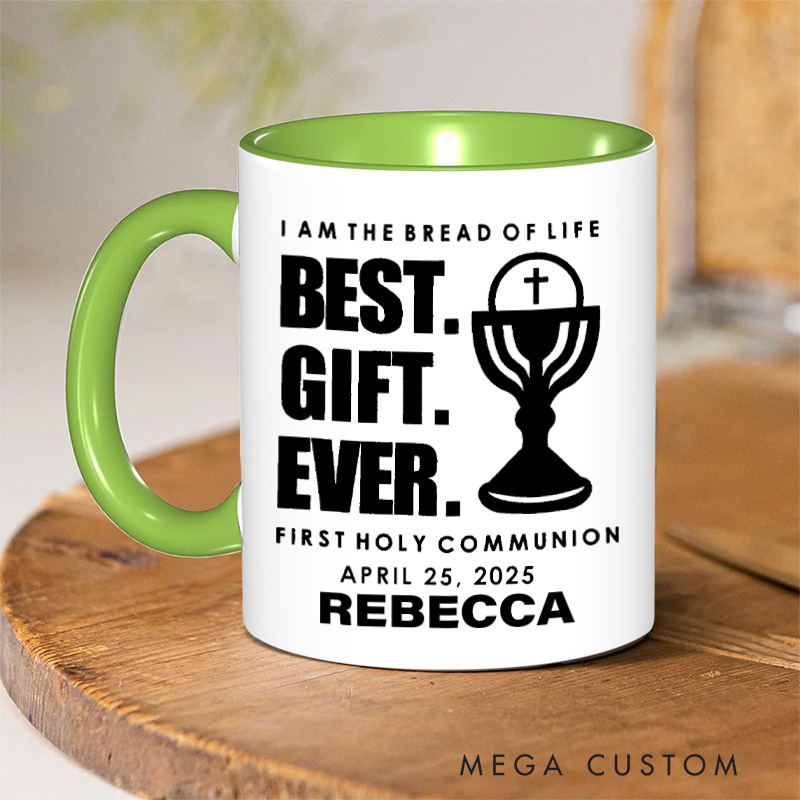 Personalized I am the Bread of Life 11oz Ceramic Mug with Name Funny Catholic Ceramic Inner Color Mug for Kids First Communion Gift for Godchild