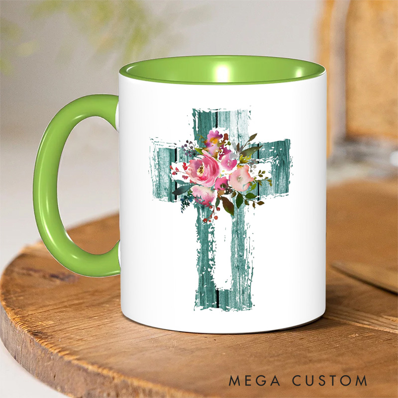 Personalized Pink Watercolor Florals and Teal Cross Christian Ceramic Inner Color Mug with Name Religious Gift Birthday Gift for Women