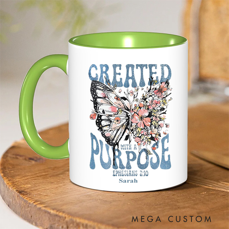 Personalized Created With a Purpose Bible Verse Christian Inner Color Ceramic Mug with Name Religious Gift Birthday Gift for Christian