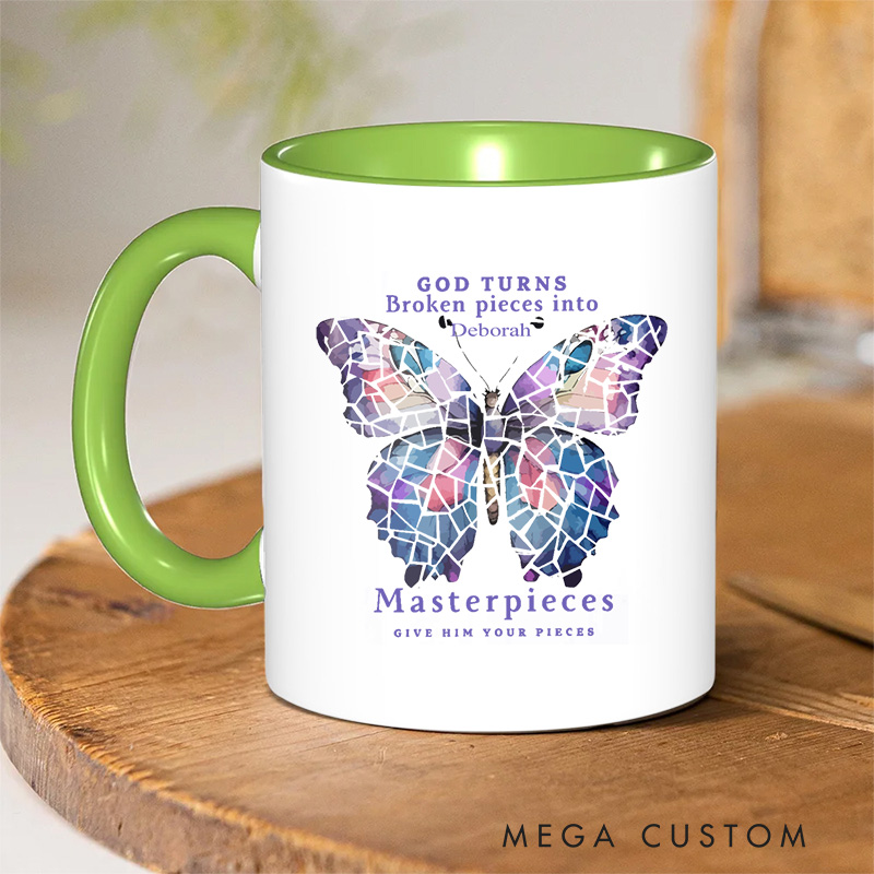 Personalized God Turns Broken Pieces Into Bible Verse Inner Color Ceramic Mug with Name Birthday Religious Inspirational Gift for Christian