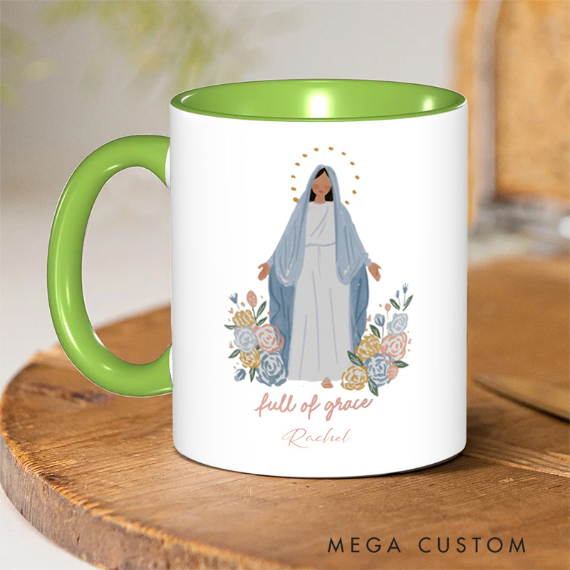 Personalized Full of Grace Virgin Mary Ceramic Mug with Name Religious Inspirational Gift Catholic Gift for Women