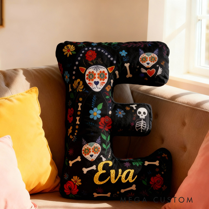 Personalized Funny Pillow Christmas Graphic 3D Print Cempasúchil Cat The Day of the Dead Holiday with Custom Name