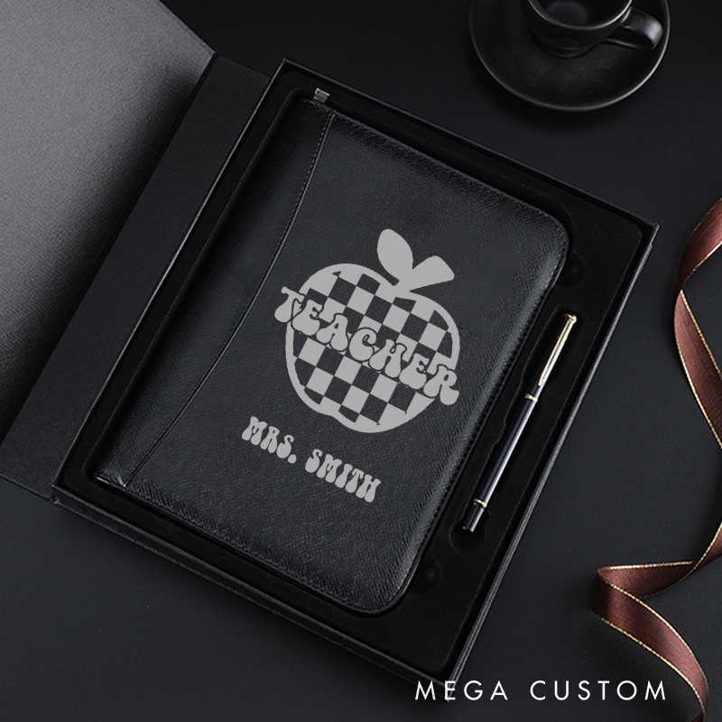 Personalized Teacher Notebook A5 PU Leather Zipper Notebook Checkerboard Apple Design Teacher Appreciation Gift