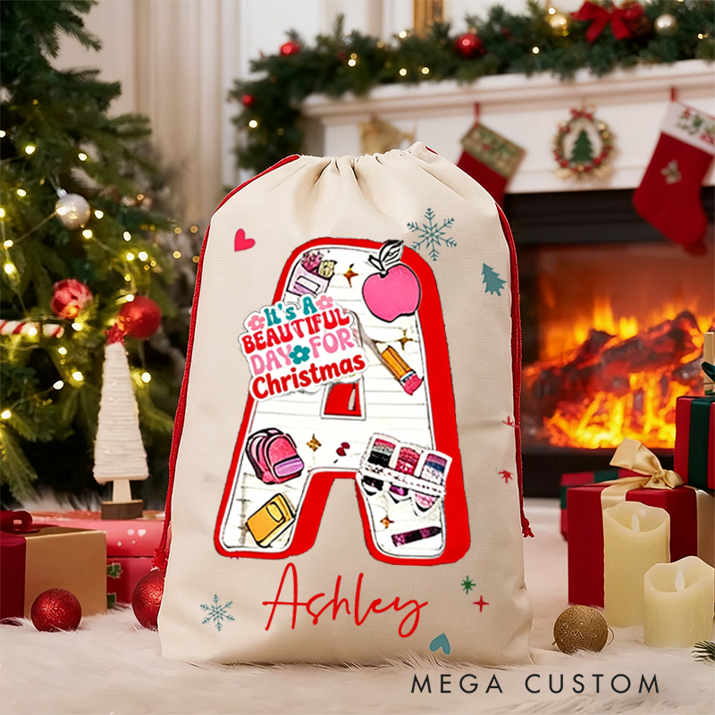 Personalized Teacher Christmas Gift Sack Beautiful Day Design Santa Bag