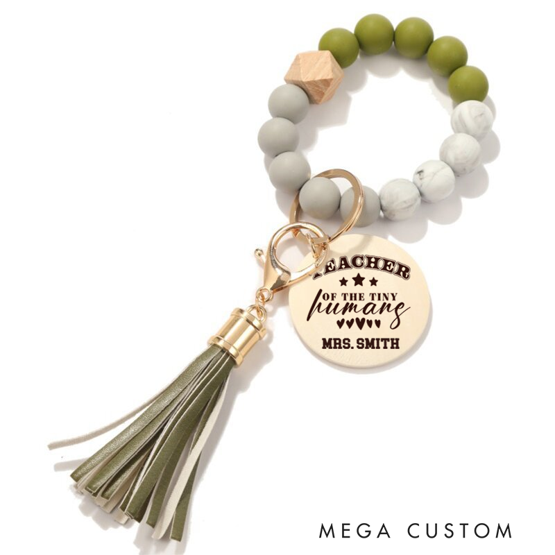 Personalized Teacher Keychain Teacher of the Tinty Humans Design Silicone Beads Bracelet Keychain Wooden Engraved Wristlet Keychain Teacher Appreciation Gift