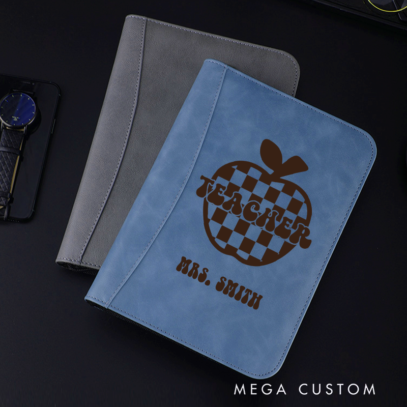 Personalized Teacher Notebook A5 PU Leather Zipper Notebook Checkerboard Apple Design Teacher Appreciation Gift