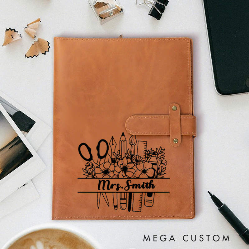 Personalized Teacher A5 Leather Notebook Cover with Pocket Flower Teaching Tools Design Appreciation Gift for Teachers