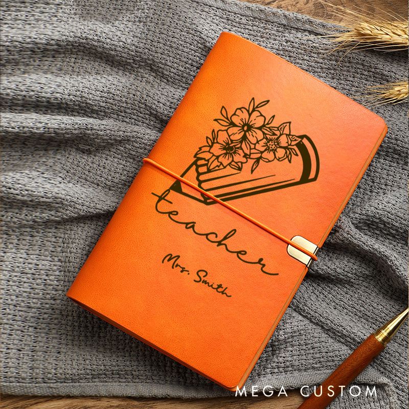 Personalized Teacher A6 Leather Wraparound Notebook Flower Pencil Design Appreciation Gift for Teachers