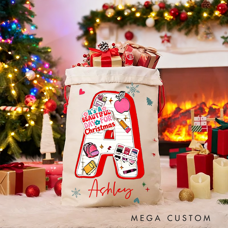 Personalized Teacher Christmas Gift Sack Beautiful Day Design Santa Bag