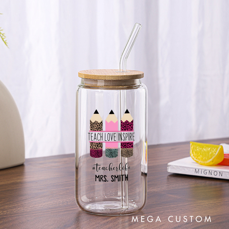 Personalized Teacher Tumbler with Lid and Straw Teach Love Inspire Custom Glass Coffee Cup Teacher Appreciation Gift