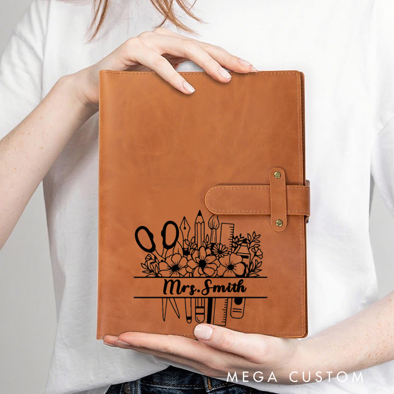 Personalized Teacher A5 Leather Notebook Cover with Pocket Flower Teaching Tools Design Appreciation Gift for Teachers