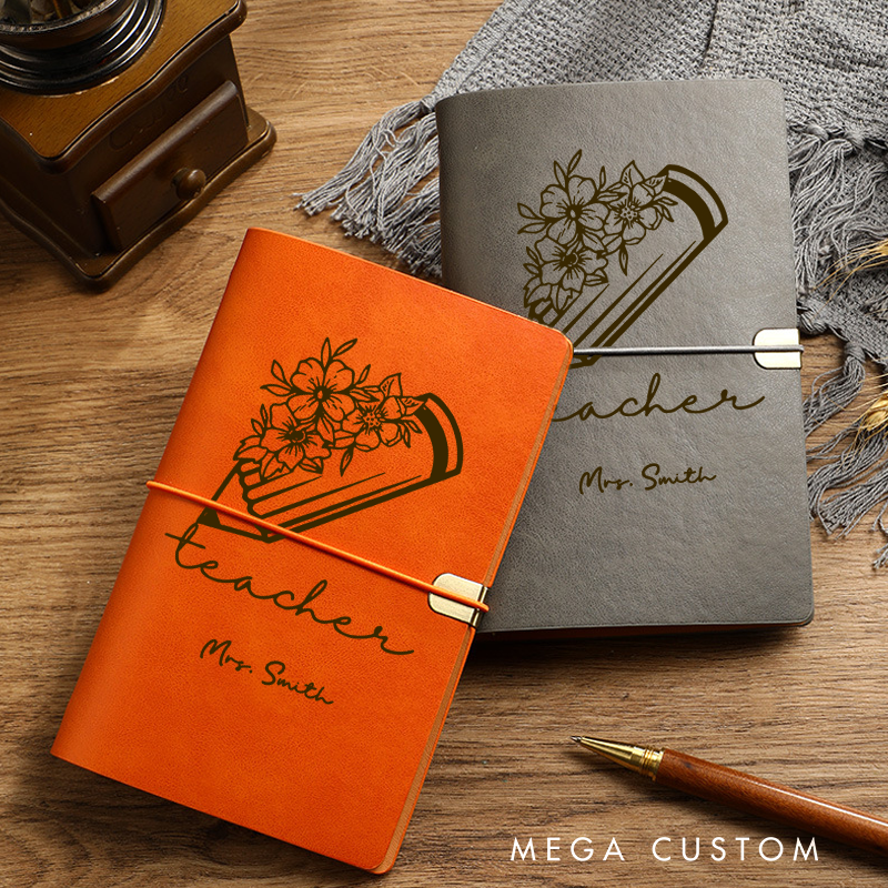 Personalized Teacher A6 Leather Wraparound Notebook Flower Pencil Design Appreciation Gift for Teachers