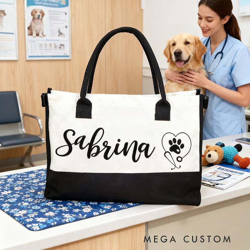Personalized Nurse Tote Bag Custom Name Paw Stethoscope Design Bag Thoughtful Gift for Animal Nurses