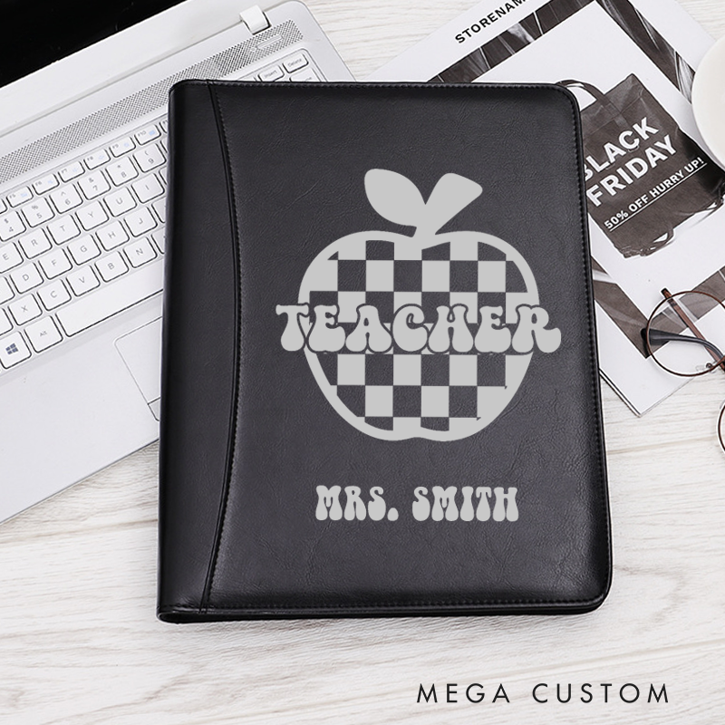 Personalized Teacher Notebook A5 PU Leather Zipper Notebook Checkerboard Apple Design Teacher Appreciation Gift