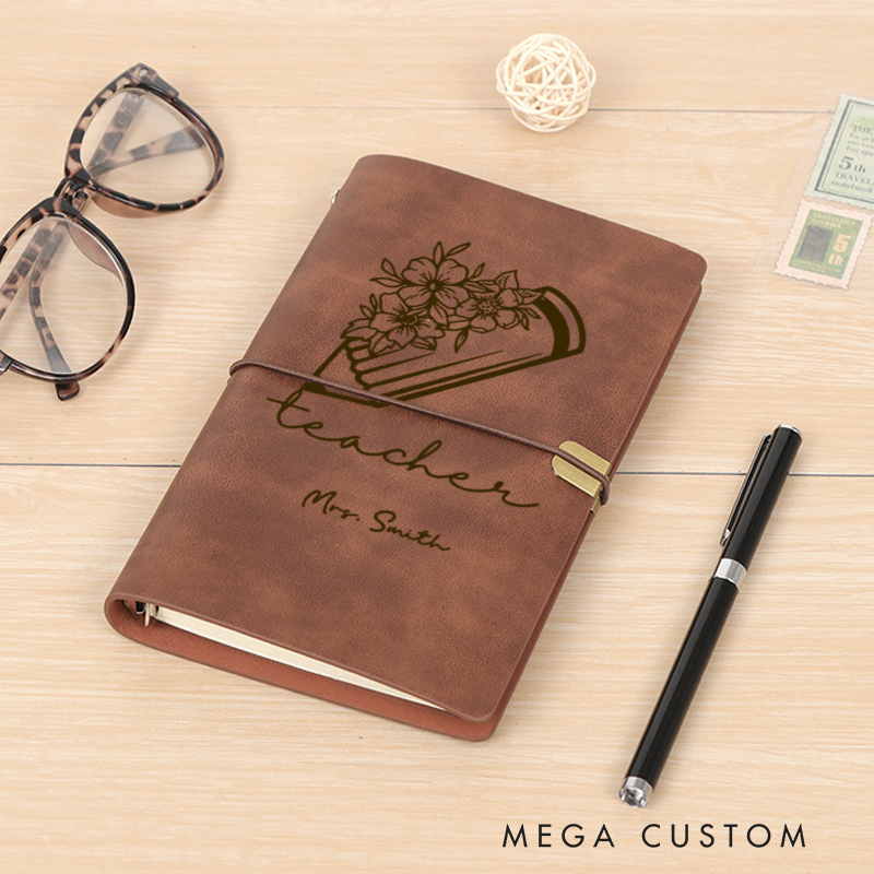 Personalized Teacher A6 Leather Wraparound Notebook Flower Pencil Design Appreciation Gift for Teachers