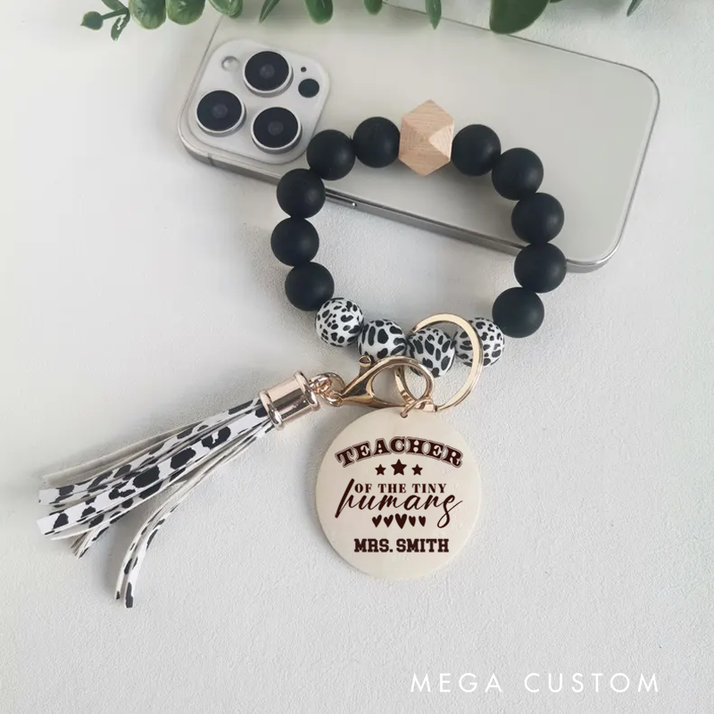 Personalized Teacher Keychain Teacher of the Tinty Humans Design Silicone Beads Bracelet Keychain Wooden Engraved Wristlet Keychain Teacher Appreciation Gift