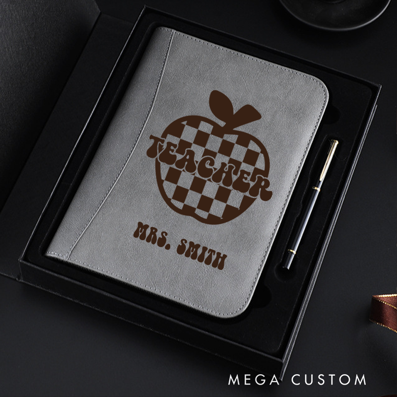 Personalized Teacher Notebook A5 PU Leather Zipper Notebook Checkerboard Apple Design Teacher Appreciation Gift