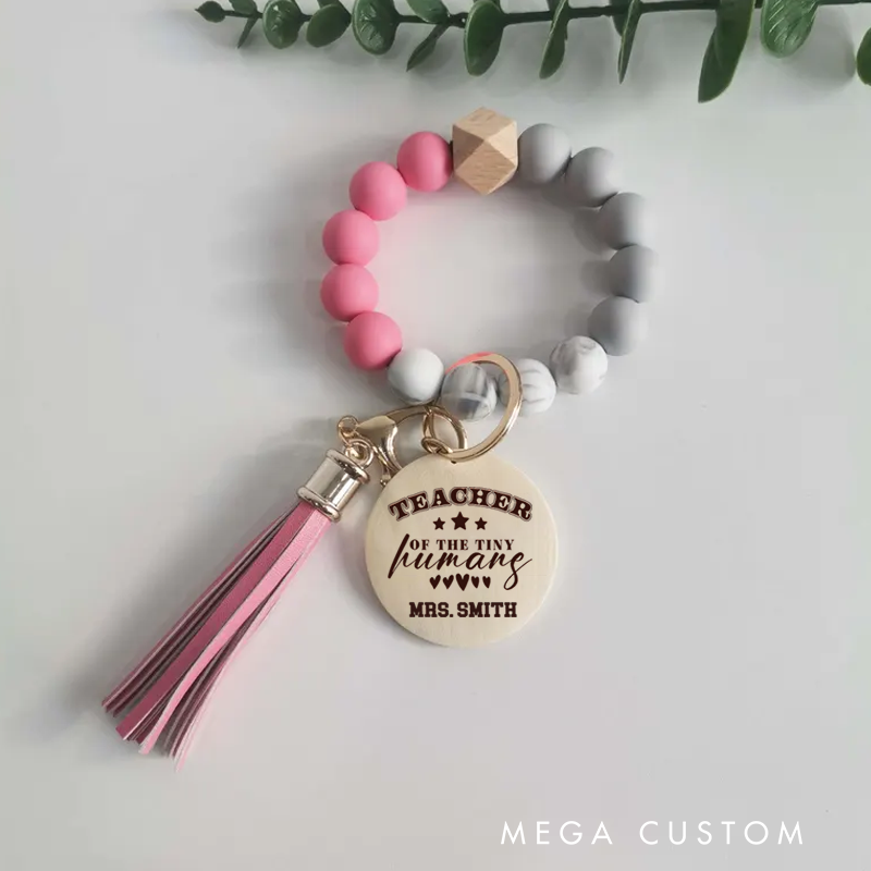 Personalized Teacher Keychain Teacher of the Tinty Humans Design Silicone Beads Bracelet Keychain Wooden Engraved Wristlet Keychain Teacher Appreciation Gift