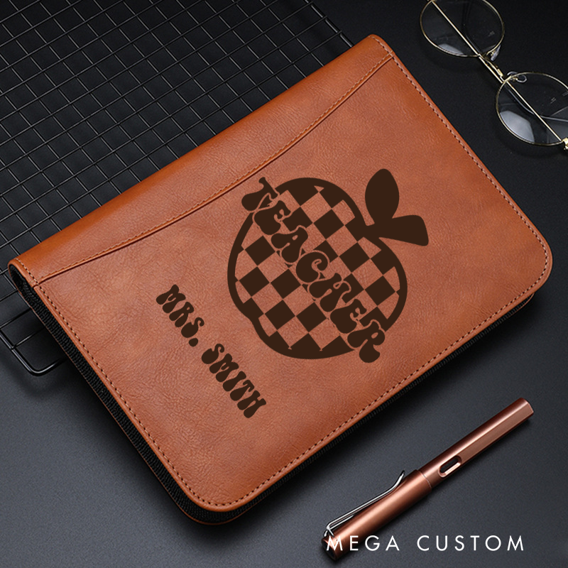 Personalized Teacher Notebook A5 PU Leather Zipper Notebook Checkerboard Apple Design Teacher Appreciation Gift