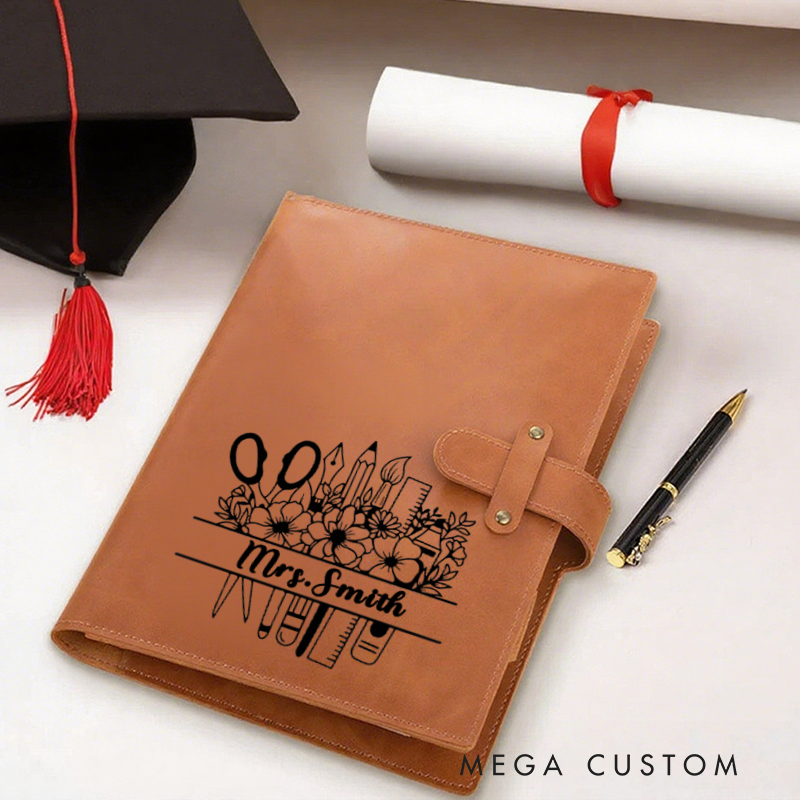 Personalized Teacher A5 Leather Notebook Cover with Pocket Flower Teaching Tools Design Appreciation Gift for Teachers