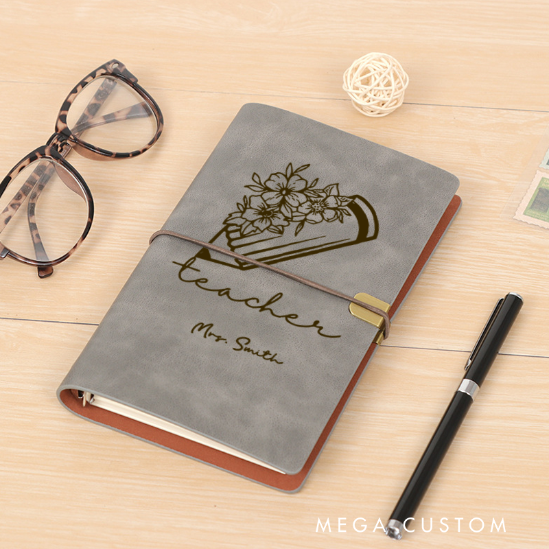 Personalized Teacher A6 Leather Wraparound Notebook Flower Pencil Design Appreciation Gift for Teachers