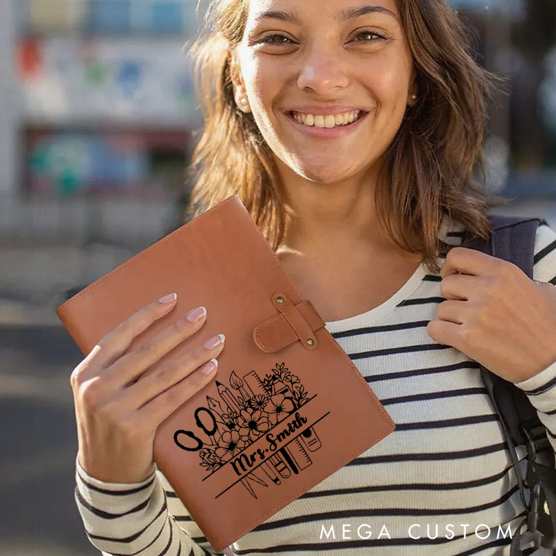 Personalized Teacher A5 Leather Notebook Cover with Pocket Flower Teaching Tools Design Appreciation Gift for Teachers