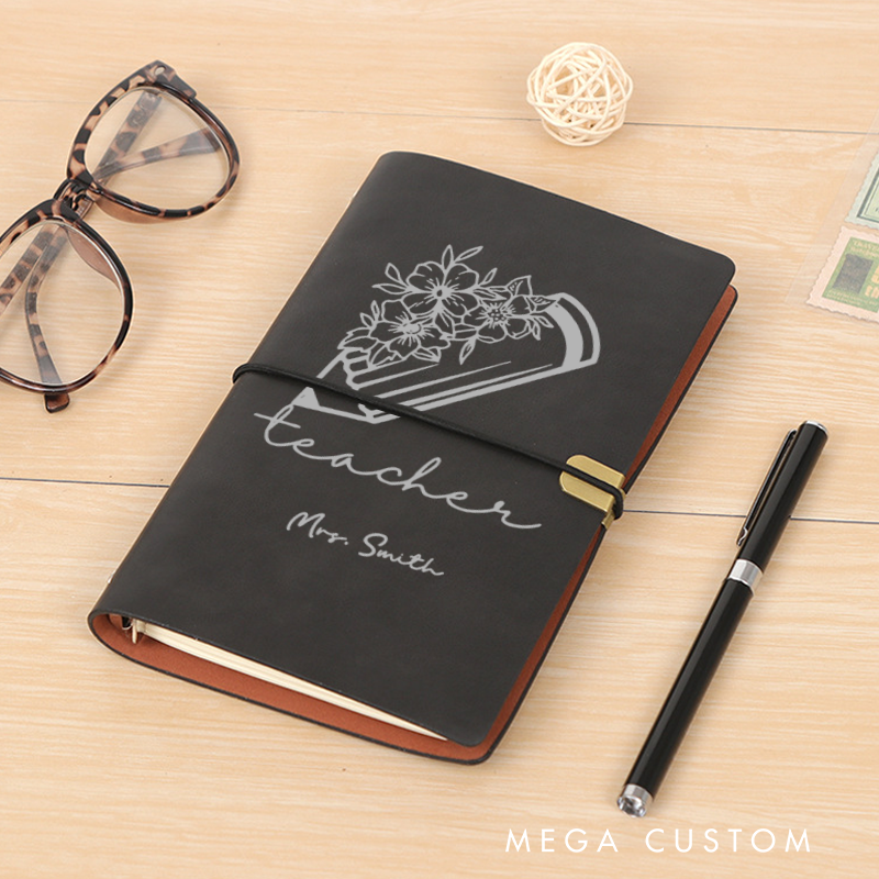 Personalized Teacher A6 Leather Wraparound Notebook Flower Pencil Design Appreciation Gift for Teachers