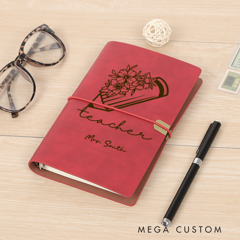 Personalized Teacher A6 Leather Wraparound Notebook Flower Pencil Design Appreciation Gift for Teachers