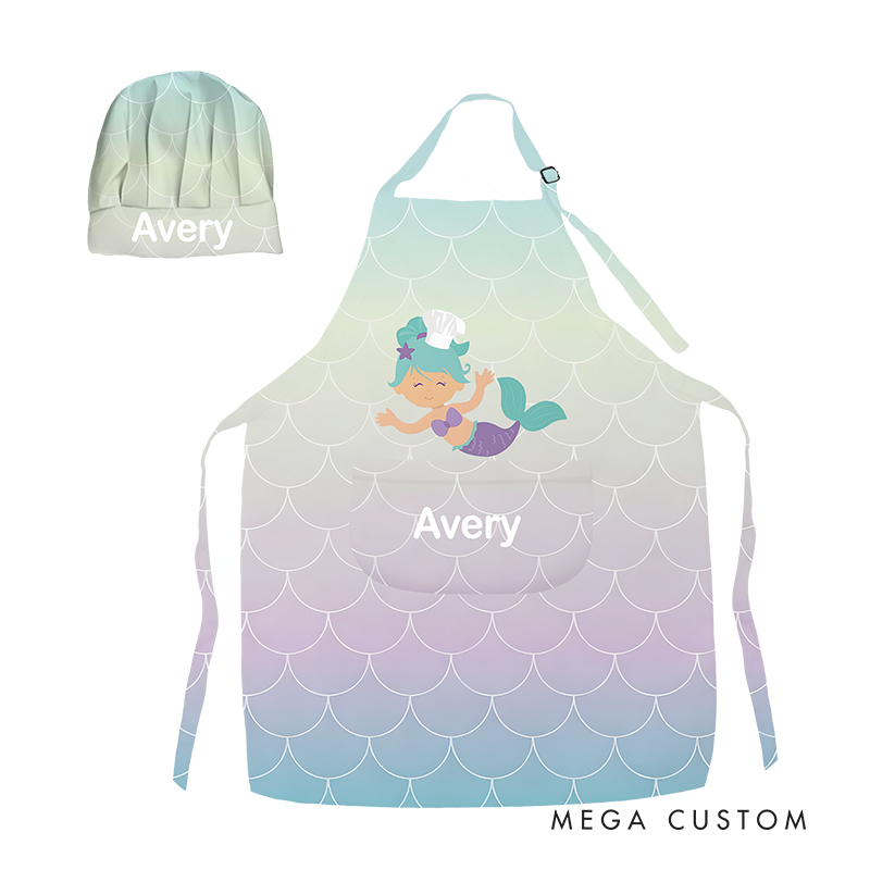 Personalized Colorful Gradient Cartoon Print Adjustable Kids Apron Set with Name and Pocket for Cooking Crafts Holiday Gift for Girls