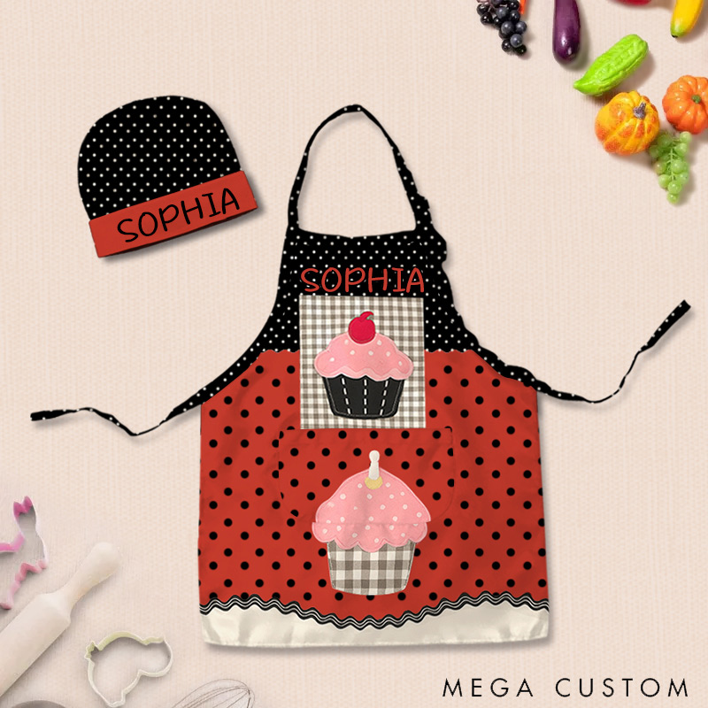 Personalized Polka Dot Color Block Cake Adjustable Kid Apron Chef Hat Set with Pocket and Name for Cooking Baking Birthday Holiday Gift for Kids