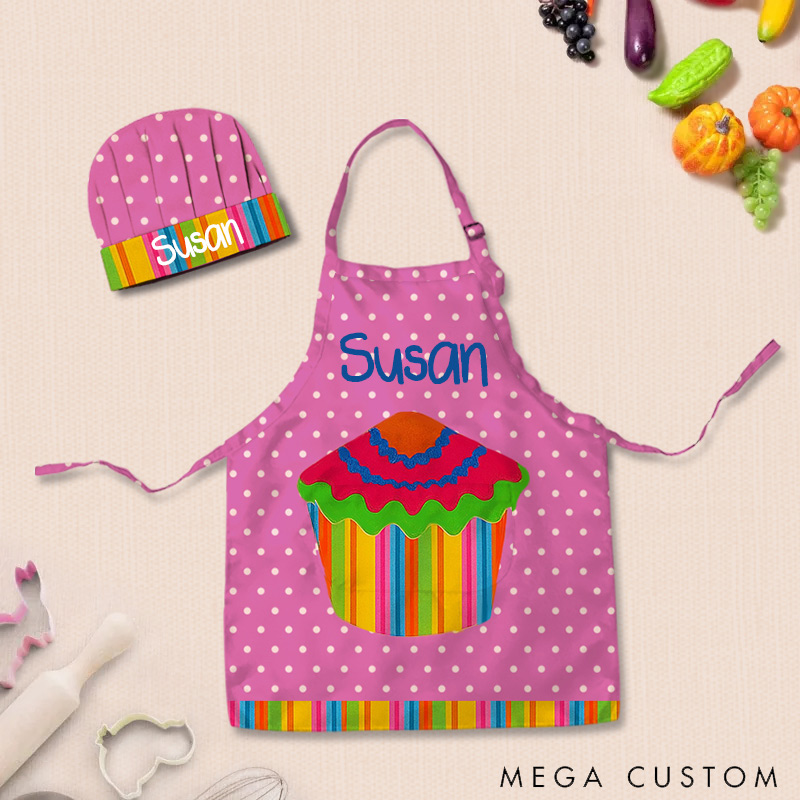 Personalized Colorful Polka Dot Cake Adjustable Kid Apron Chef Hat Set with Pocket and Name for Cooking Baking Birthday Holiday Gift for Kids
