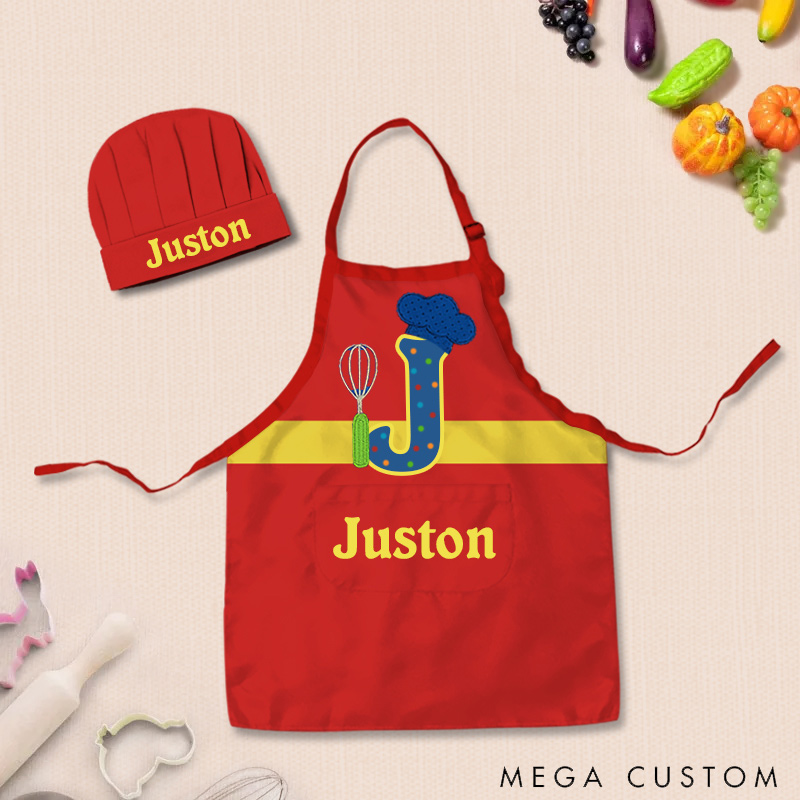 Personalized Letter Remix Color Block Adjustable Kid Apron Chef Hat Set with Pocket and Name for Cooking Baking Birthday Holiday Gift for Kids