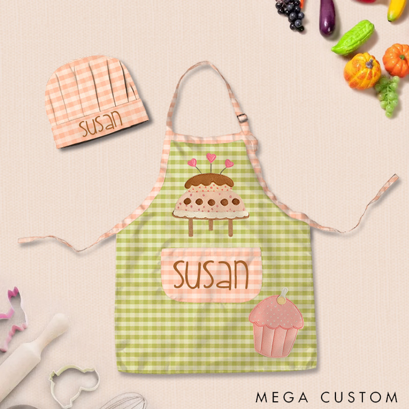 Personalized Checkered Cake Adjustable Kid Apron Chef Hat Set with Pocket and Name for Cooking Baking Birthday Holiday Gift for Kids