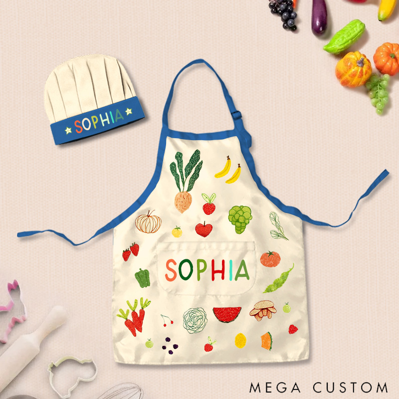 Personalized Hand Drawn Fruits Vegetables Adjustable Kid Apron Chef Hat Set with Pocket and Name for Cooking Baking Birthday Holiday Gift for Kids