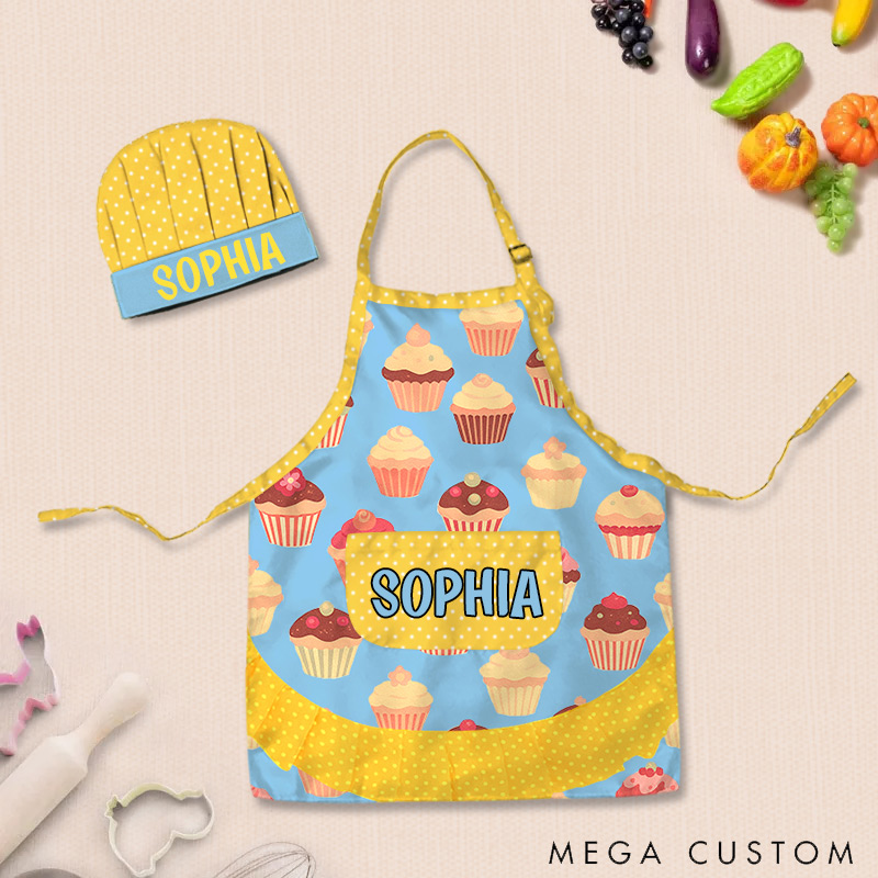 Personalized Cupcake Polka Dot Patchwork Adjustable Kid Apron Chef Hat Set with Pocket and Name for Cooking Baking Birthday Holiday Gift for Kids