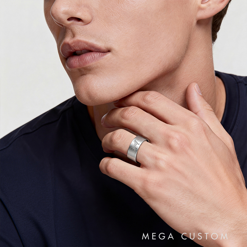 Personalized Wide Band Dog Silhouette Ring with Engraved Name Unique Jewelry for Dog Lovers in Sterling Silver