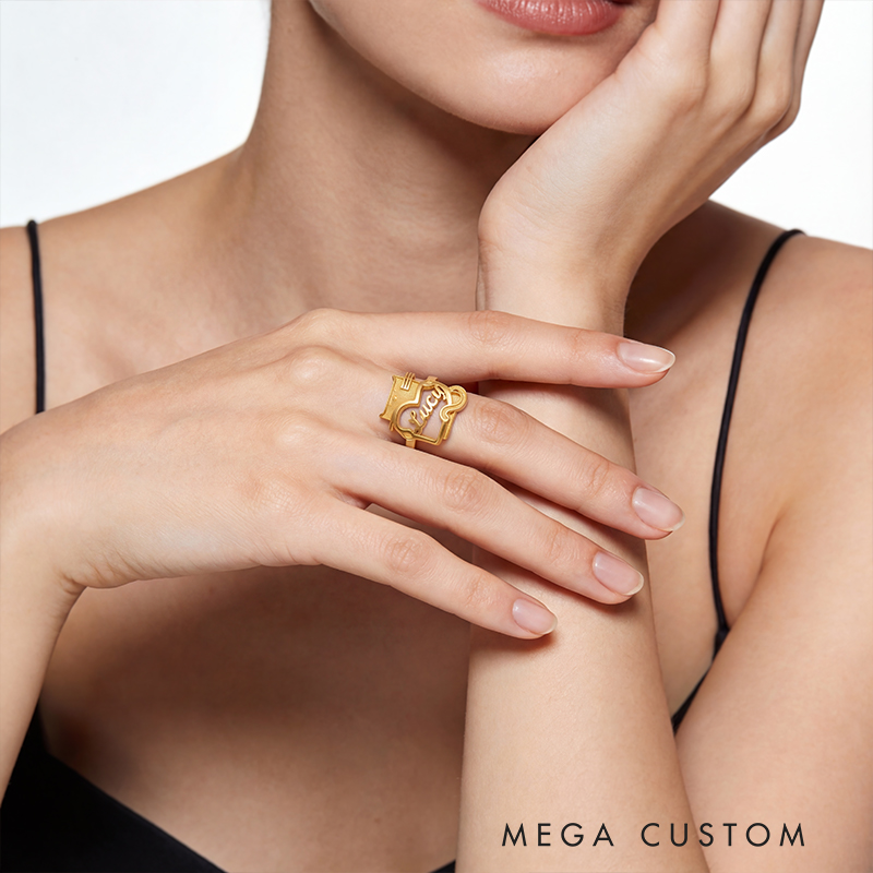 Personalized Cartoon Cat Holding Heart Sterling Silver Name Ring Custom Jewelry for Cat Lovers