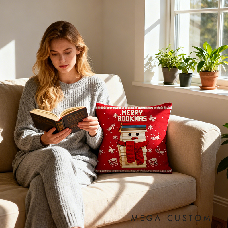 Personalized Christmas Bookworm Pillow with Name Warm Holiday Gift for Book Lovers