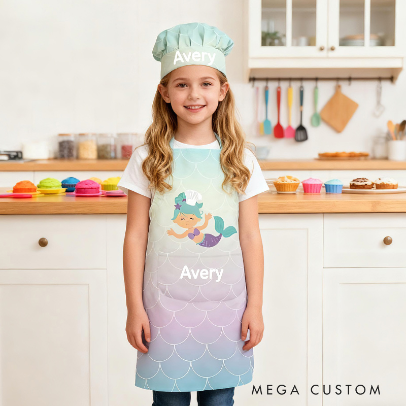 Personalized Colorful Gradient Cartoon Print Adjustable Kids Apron Set with Name and Pocket for Cooking Crafts Holiday Gift for Girls