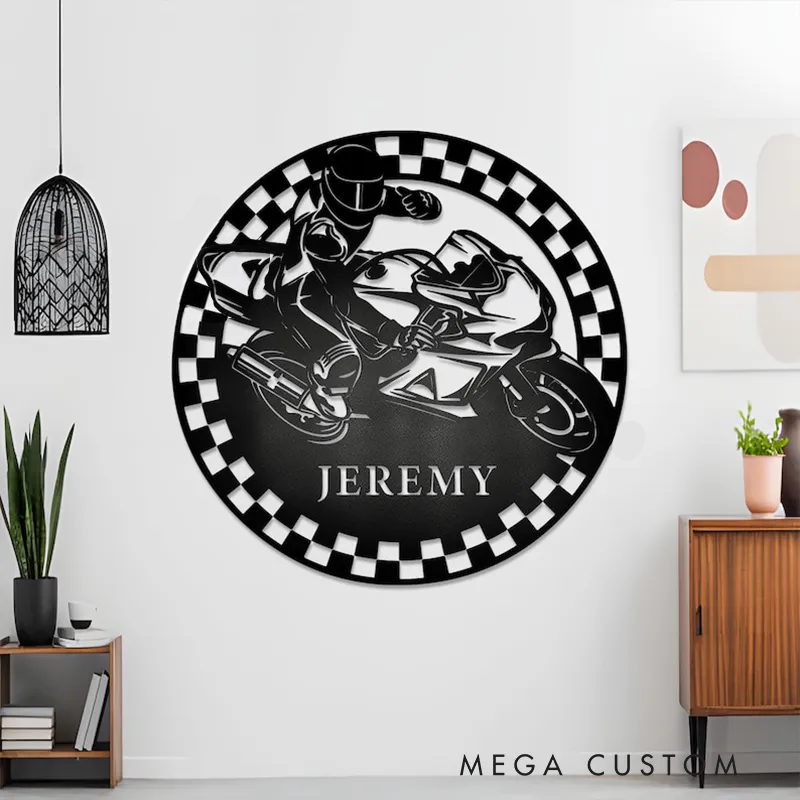 Personalized Motorcycle Racing Metal Sign Custom Name Round Wall Art Biker Garage Decor Gift for Racers and Motorcycle Lovers