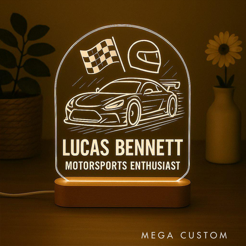 Personalized Night Light Custom LED Lamp with Check Flag Design Unique Gift for Racers and Racing Lovers