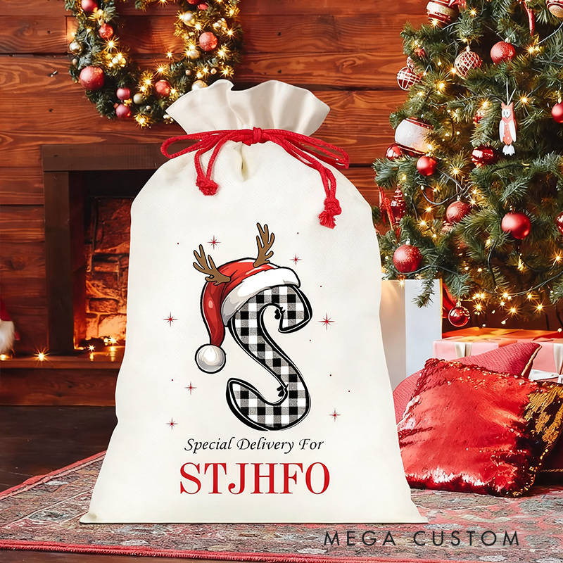 Personalized Checkered Flag Christmas Gift Bag Custom Name Santa Sack Holiday Decoration for Racers and Racing Lovers