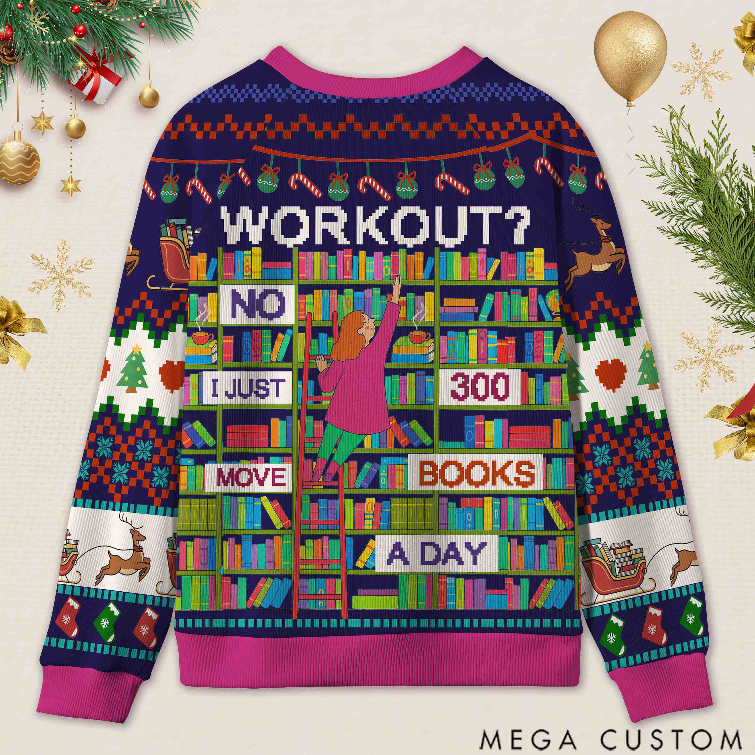 Personalized Book Lifting Workout Humor Ugly Sweater Office Holiday Party Gift for Book Lovers
