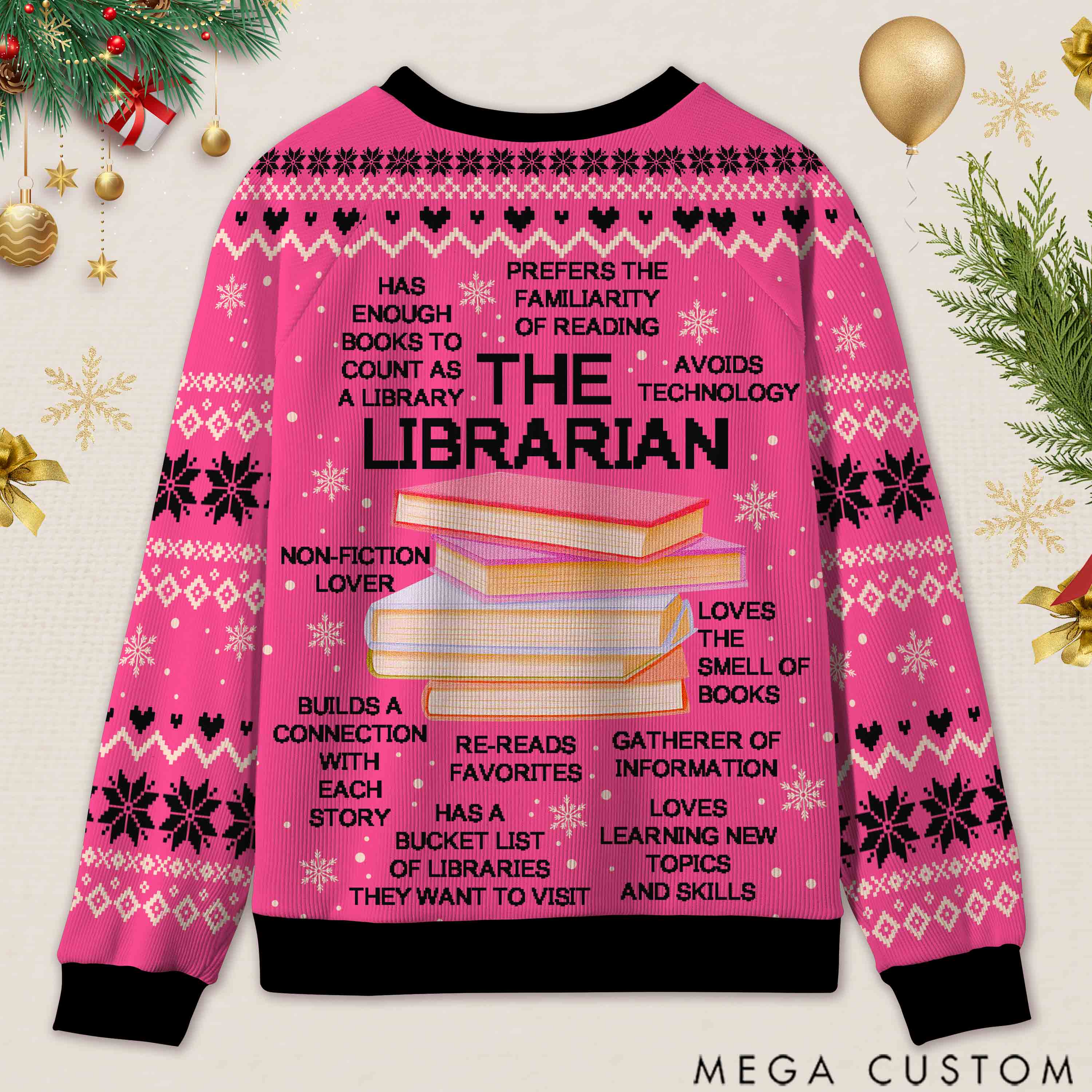 Personalized Librarian Book Spirit Ugly Sweater Holiday Gift for Librarians
