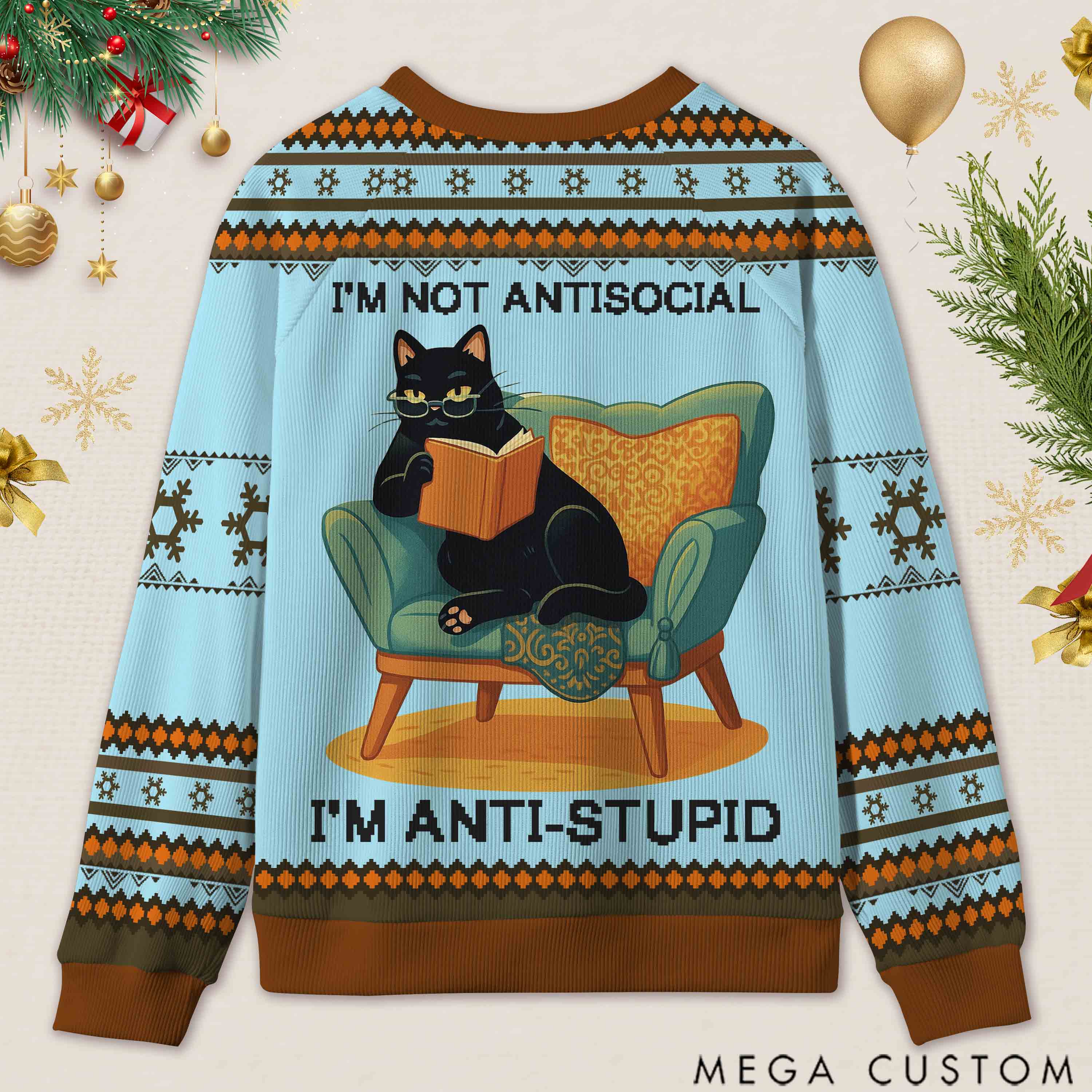 Personalized Wise Bookish Cat Reading Ugly Sweater Holiday Gift for Book Lovers