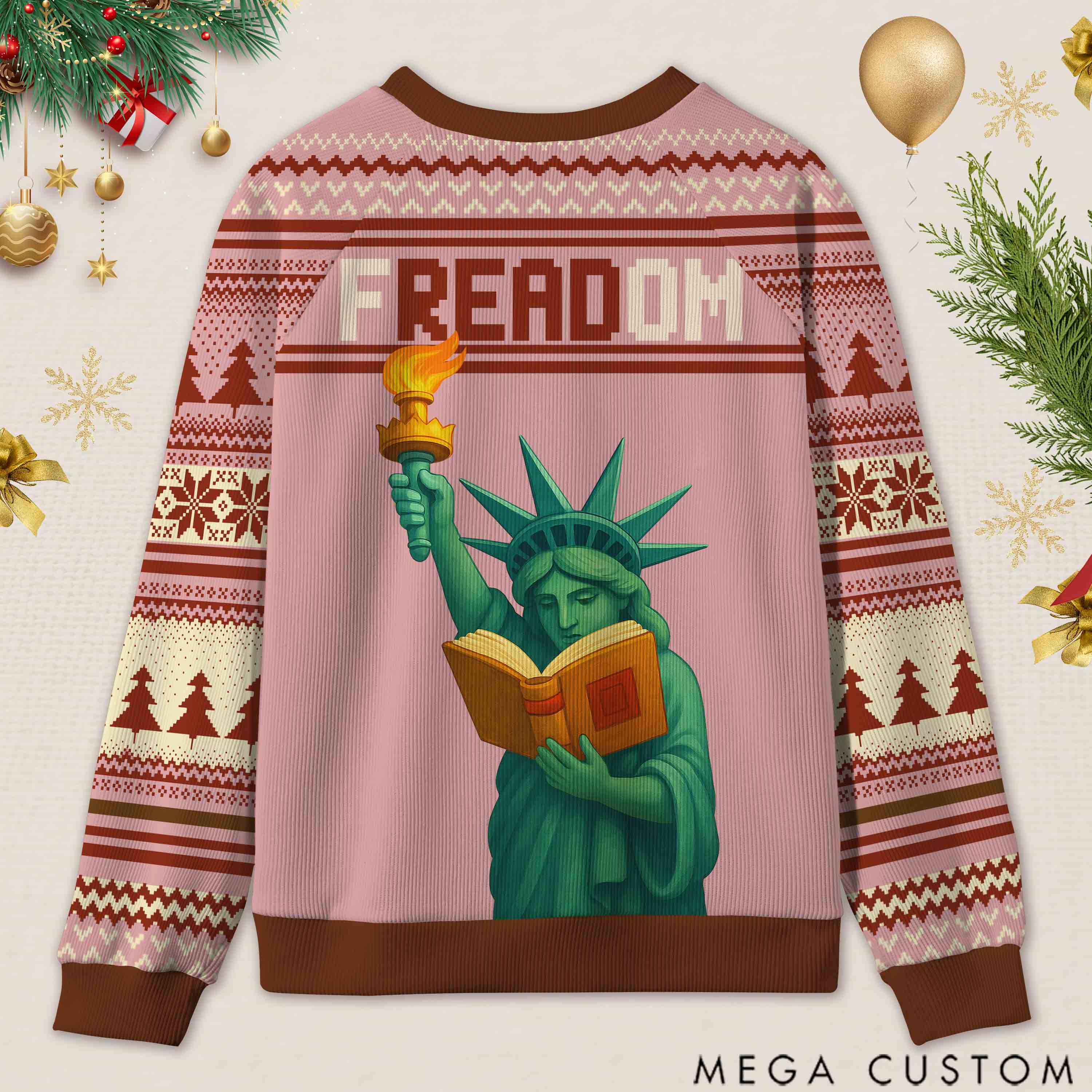 Personalized Reading Freedom Statue Fun Ugly Sweater Holiday Gift for Book Lovers